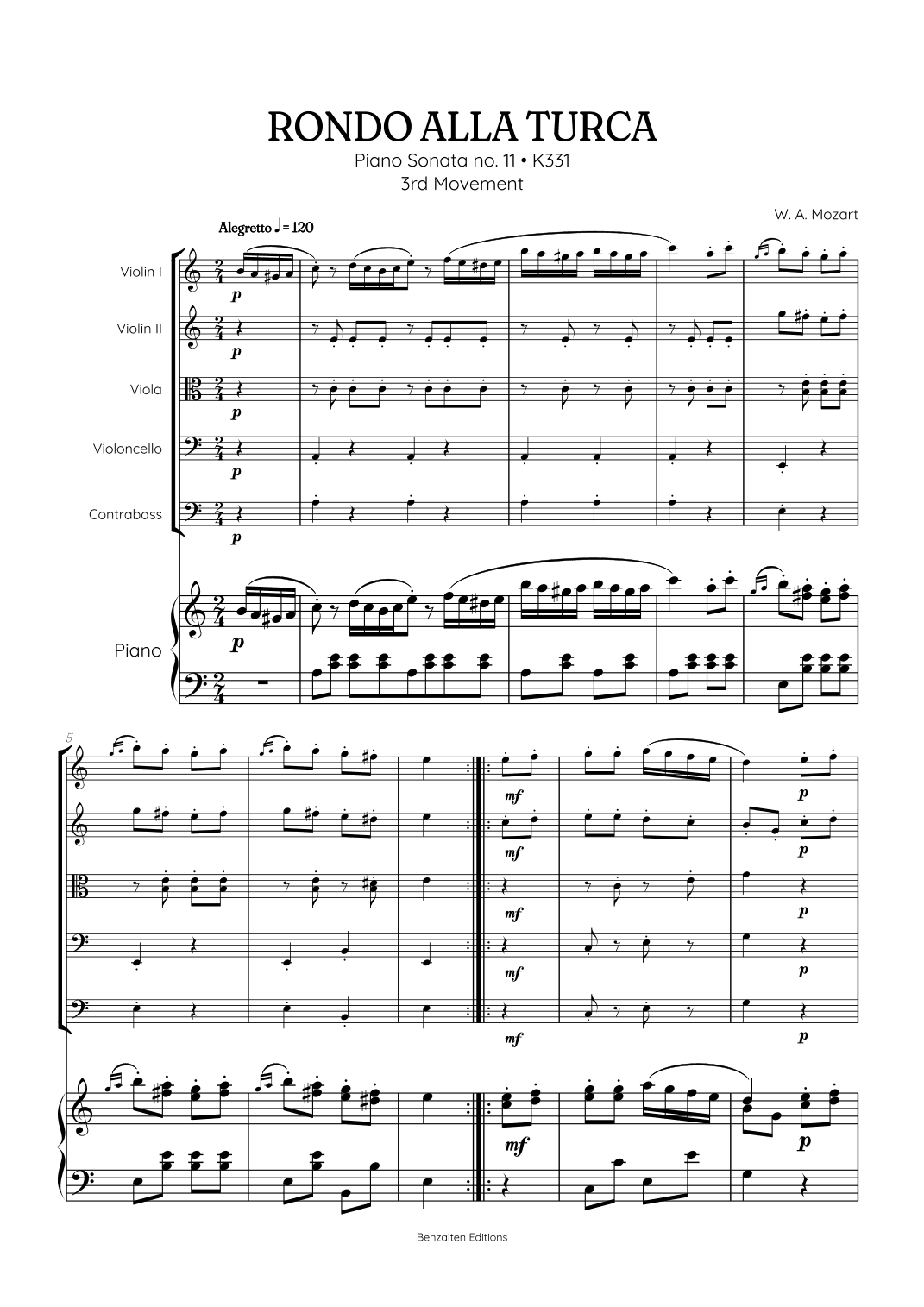 Rondo Alla Turca (Turkish March) |  String Quintet sheet music with piano accompaniment (arr. Benzaiten Editions)