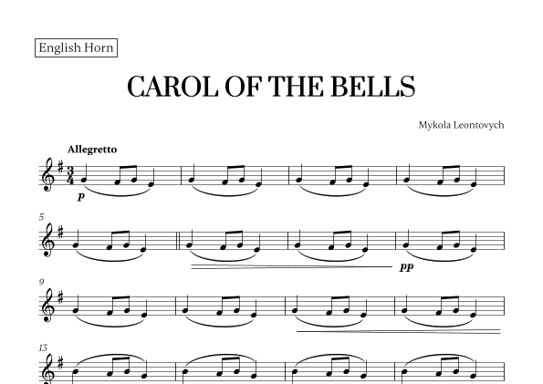 Carol of the Bells (Very Easy/Beginner) - A minor (for English Horn) (arr. Cadenza Editions)