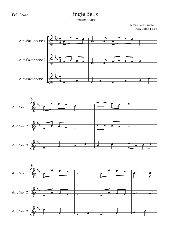 Jingle Bells (Christmas Song) for Alto Saxophone Trio (arr. Fabio Britto)