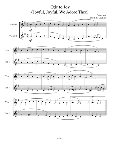 Ode to Joy (Joyful, Joyful, We Adore Thee) for violin duet (arr. B. C. Dockery)