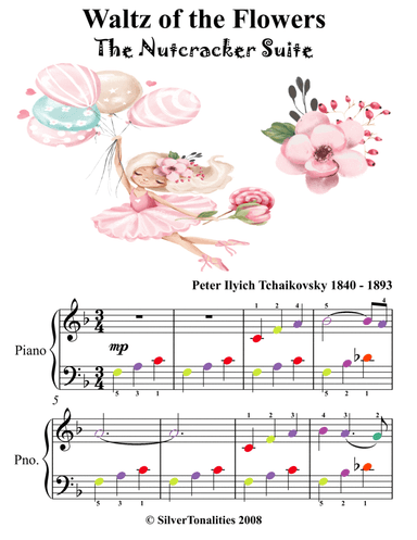 Waltz of the Flowers Nutcracker Suite Easy Piano Sheet Music with Colored Notes (arr. SilverTonalities)