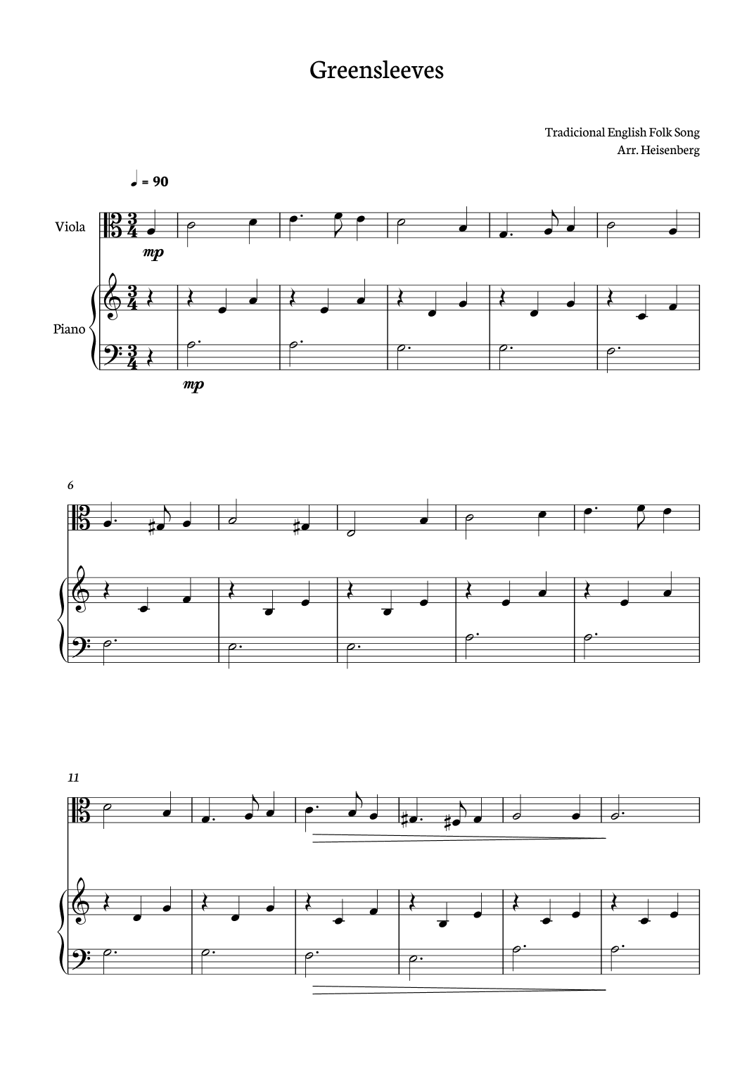 Greensleeves for Viola with piano accompaniment. (arr. Heisenberg)