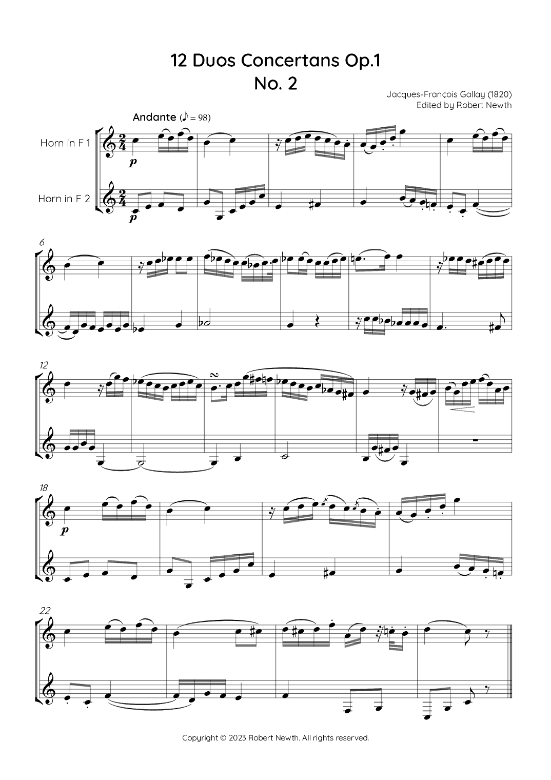 Gallay - 12 Duos Concertans Op. 1 No. 2 'Andante' (for Horn Duet) (arr. Robert Newth)