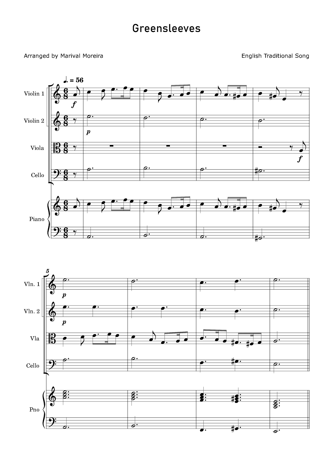 Greensleeves - String Quartet and Piano accompaniment (arr. Marival Moreira)