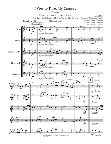 I Vow to Thee, My Country (Thaxted) (Bb) (Woodwind Quintet - 1 Flute, 1 Oboe, 1 Clar, 1 Hrn, 1 Basso (arr. Regis Bookshar)