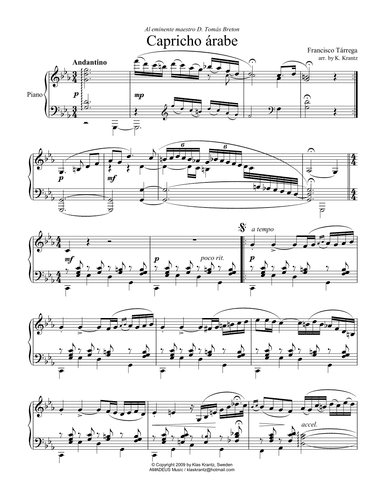 Capricho arabe/Capricho árabe for piano solo (arr. K. Krantz)