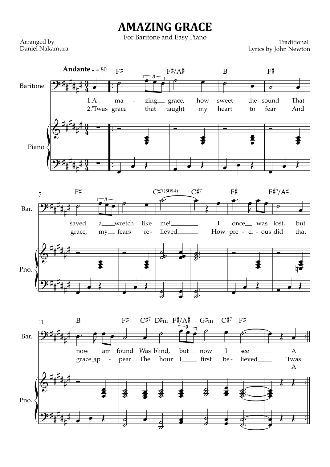 Amazing Grace (for baritone vocal with easy piano) (arr. Daniel Nakamura)