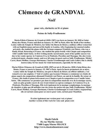 Clémence de Grandval : Noël for voice clarinet and piano (arr. Paul Wehage)