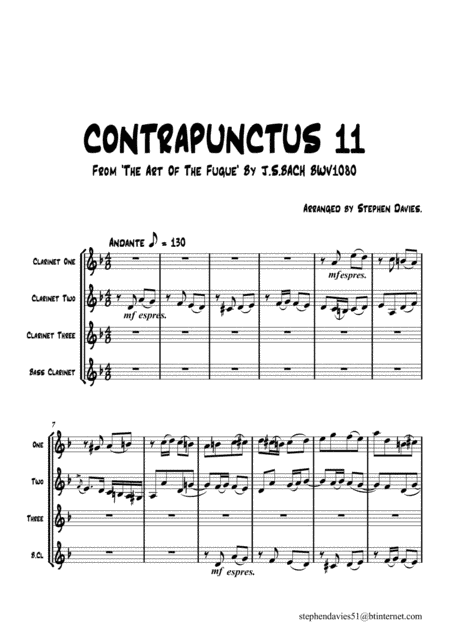 Contrapunctus 2 from ' The Art of Fugue' By J.S.Bach BWV1080 For Clarinet Quartet. (arr. Stephen Davies)