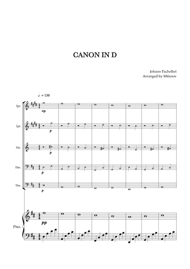Canon in D | Pachelbel | Brass Quintet | Piano accompaniment (arr. Milanov)