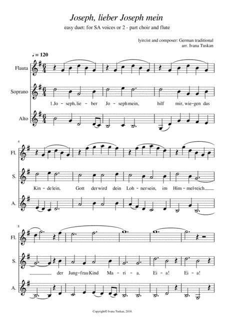 Joseph, lieber Joseph mine for SA voices and flute (arr. Ivana Tuskan)