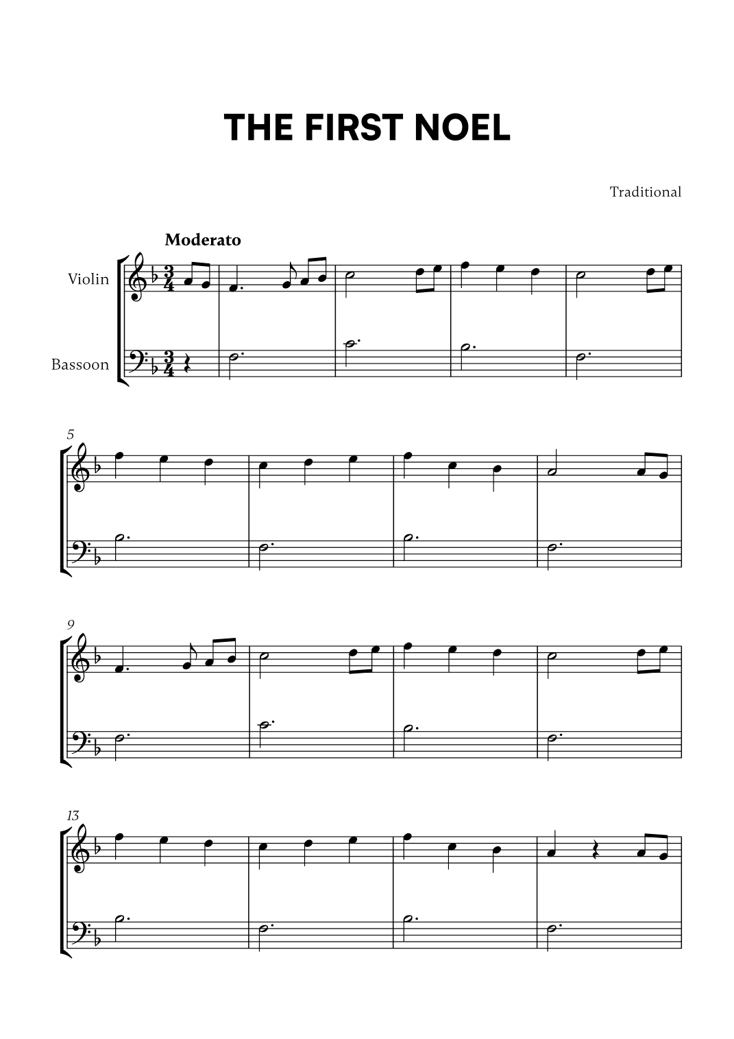 Traditional - The First Noel (F Major) (for Violin and Bassoon) (arr. Cadenza Editions)