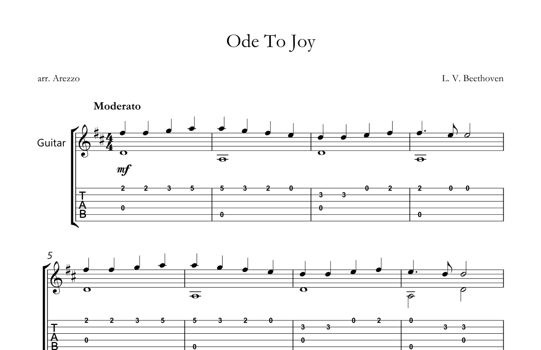 ode to joy guitar sheet music with tabs in D for beginners (arr. Arezzo Music)
