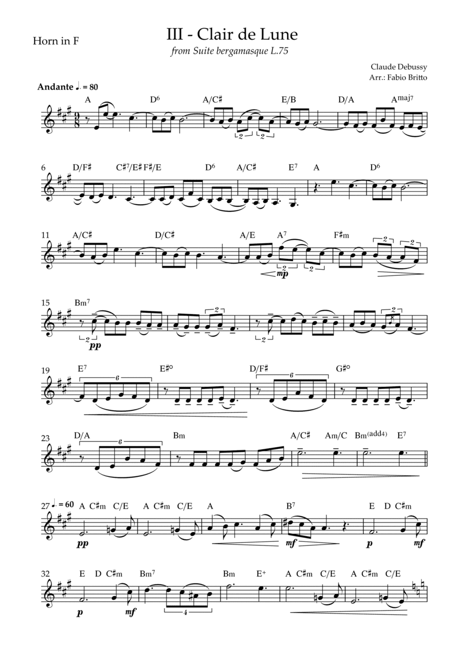 Clair de Lune (C. Debussy) for Horn in F Solo with Chords (D Major) (arr. Fabio Britto)