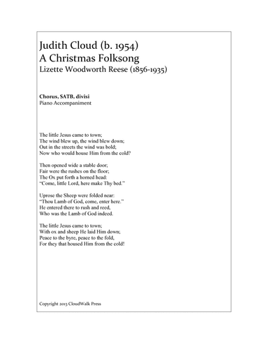 A Christmas Folksong for Chorus, SATB, divisi; Text by Lizette Woodworth Reese (1895-1935)
