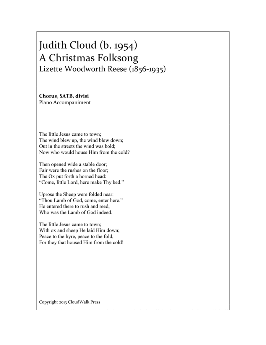 A Christmas Folksong for Chorus, SATB, divisi; Text by Lizette Woodworth Reese (1895-1935)