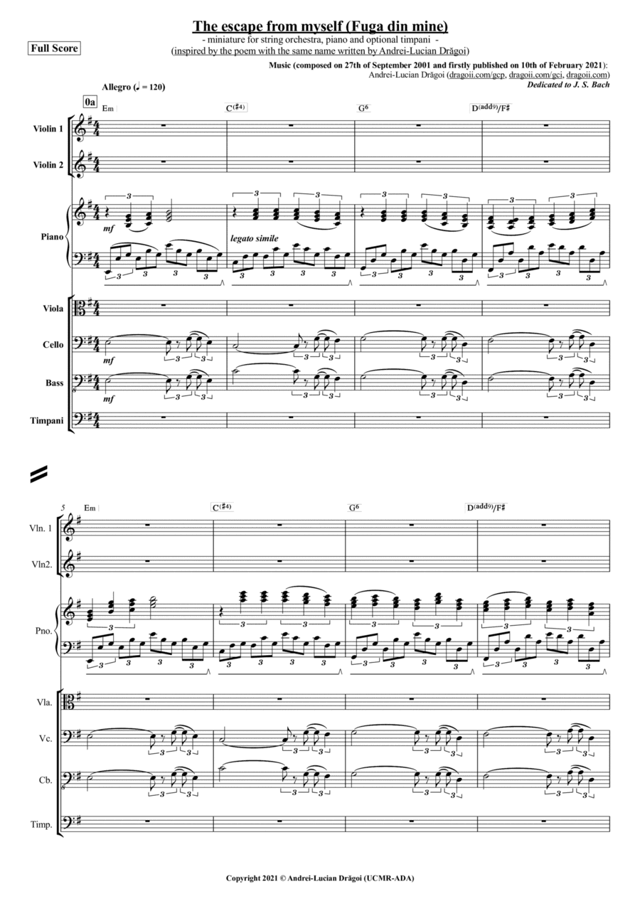 The Escape from Myself (Fuga din mine) - miniature for string orchestra, piano and optional timpani