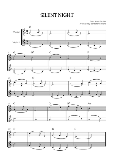 Silent Night for violin duet • easy Christmas song sheet music with chords (arr. Benzaiten Editions)