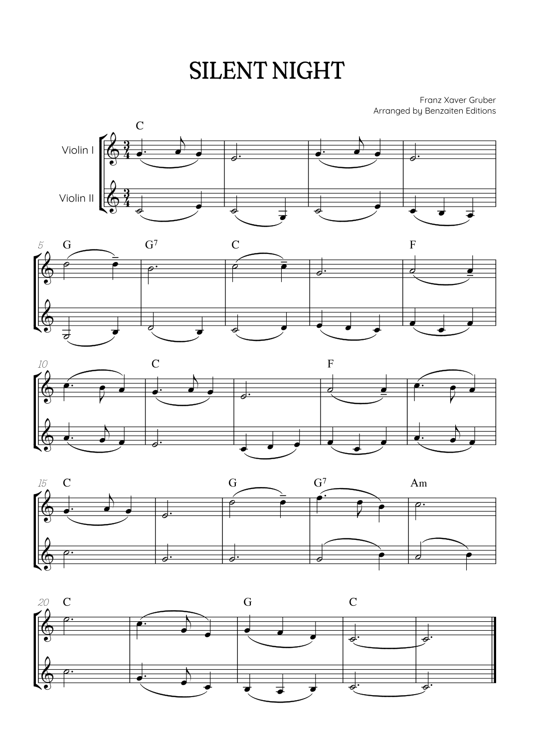 Silent Night for violin duet • easy Christmas song sheet music with chords (arr. Benzaiten Editions)