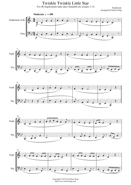 Twinkle Twinkle Little Star (for Euphonium(Bb Treble)-Tuba duet, suitable for grades 1-3) (arr. Edwin Sung)