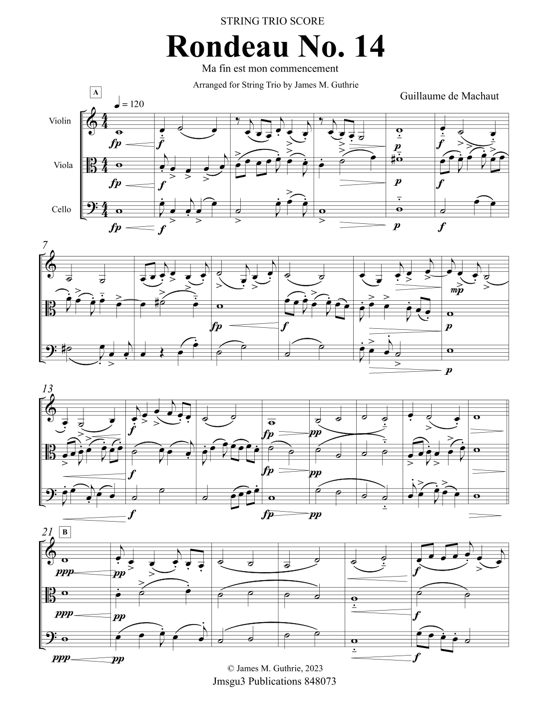 Machaut: Rondeau No. 14 "Ma fin est mon commencement" for String Trio (arr. James M. Guthrie, ASCAP)