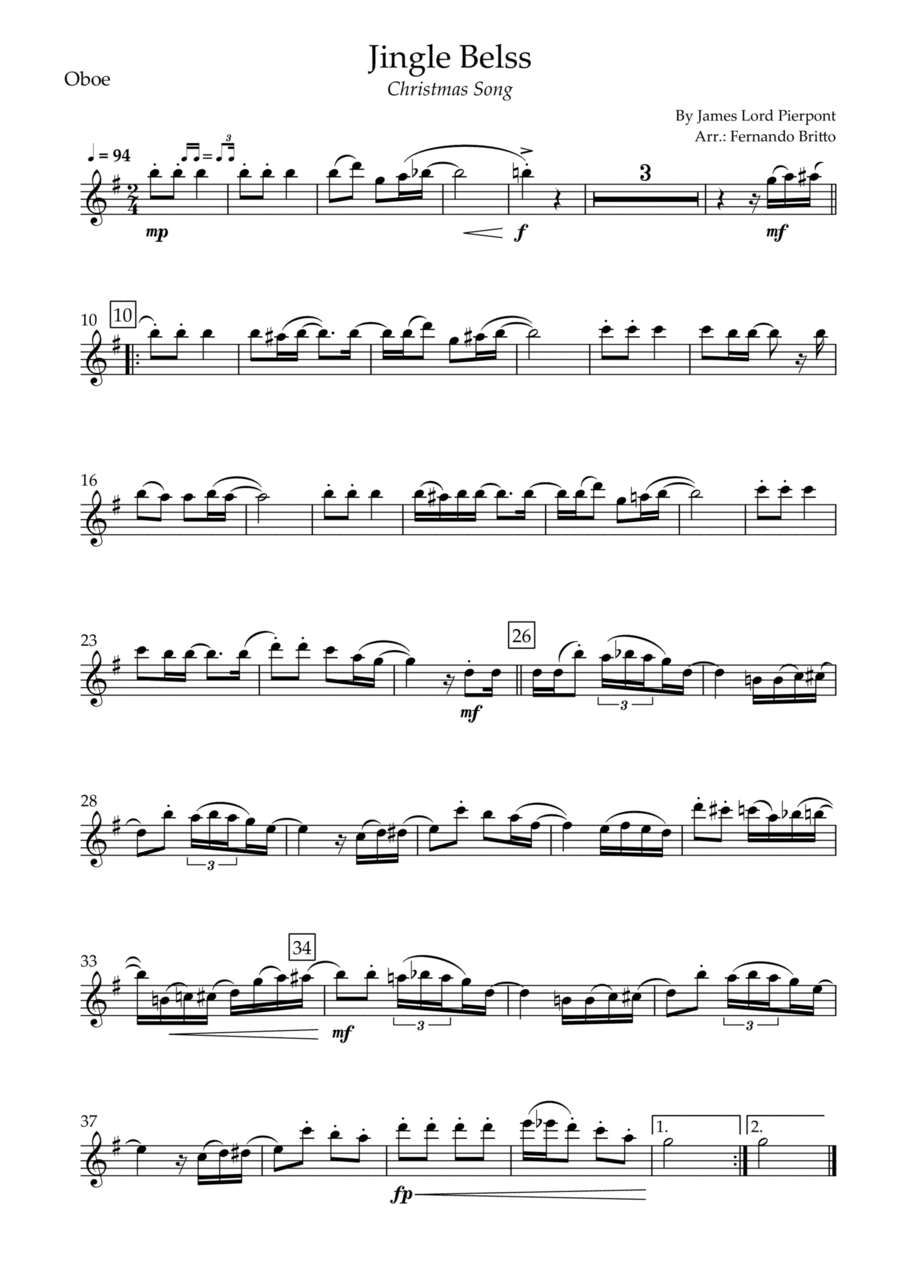 Jingle Bells - Jazz Version (Christmas Song) for Oboe Solo (arr. Fernando Britto)
