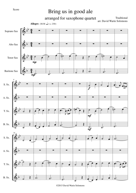 Bring us in good ale for saxophone quartet (arr. David Warin Solomons)