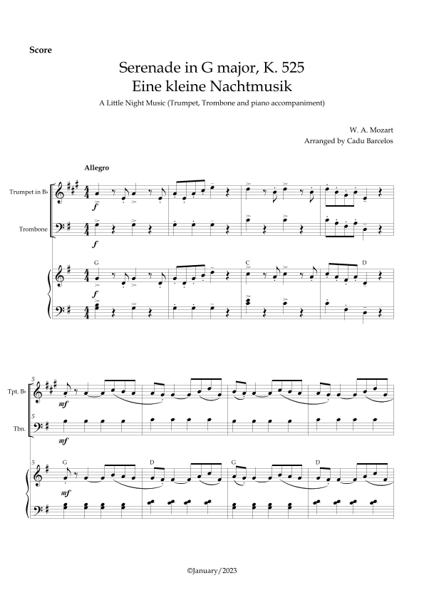Serenade in G major, K. 525 /Eine kleine Nachtmusik /A Little Night Music - Trumpet, Trombone chords (arr. Cadu Barcelos)