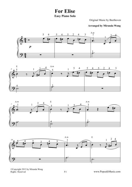 For Elise - Easy Piano Version (With Fingerings) (arr. Miranda Wong)