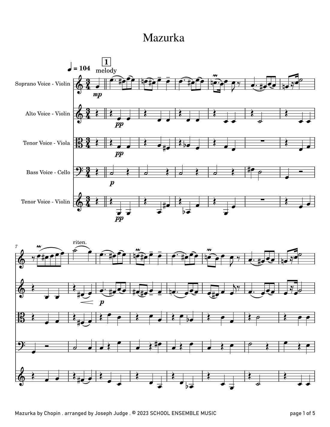 Mazurka by Chopin for String Quartet in Schools (arr. Joseph Judge)