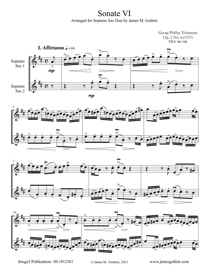 Telemann: Sonata Op. 2 No. 6 for Soprano Sax Duo (arr. James M. Guthrie)