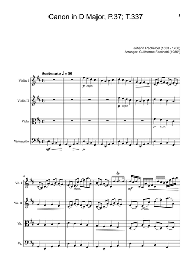 Canon in D Major, P.37; T.337. Arranged for String Quartet. Score and Parts (arr. Guilherme Facchetti)