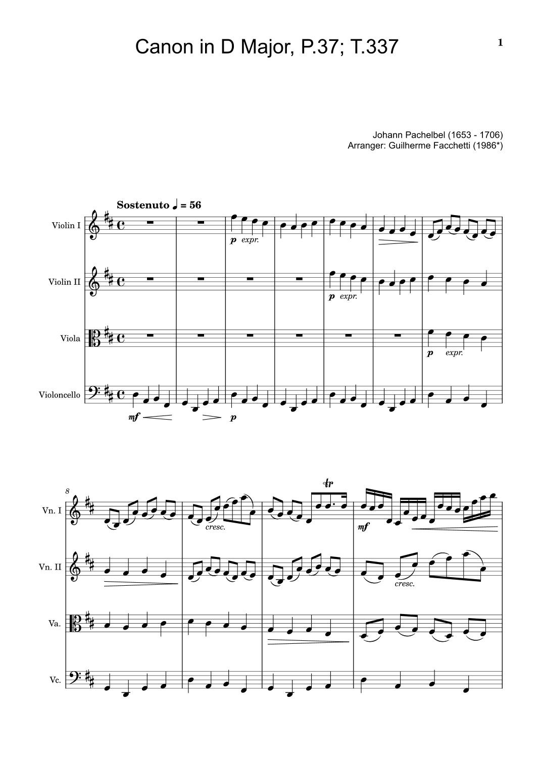 Canon in D Major, P.37; T.337. Arranged for String Quartet. Score and Parts (arr. Guilherme Facchetti)