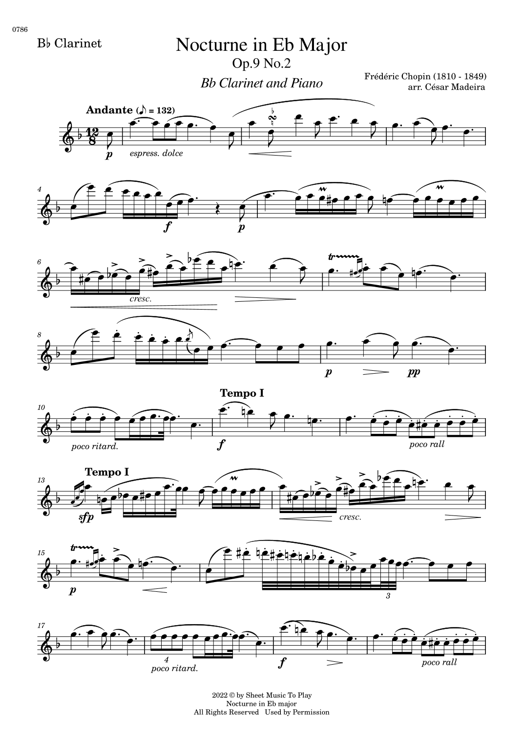 Nocturne Op.9 No.2 by Chopin - Bb Clarinet and Piano (Individual Parts) (arr. César Madeira)