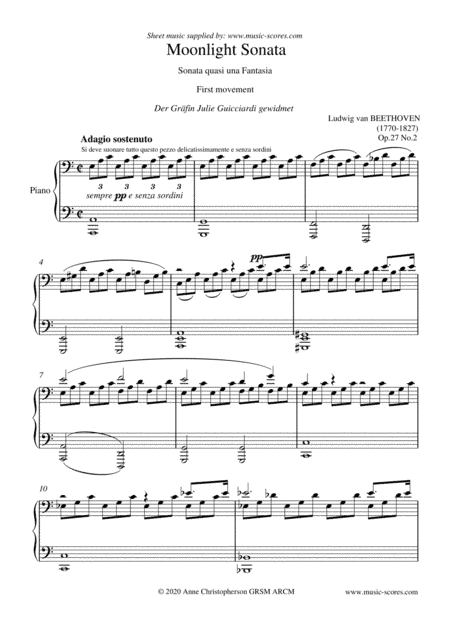 Moonlight Sonata 1st movement - A minor (lower) (arr. Anne L Christopherson GRSM ARCM)