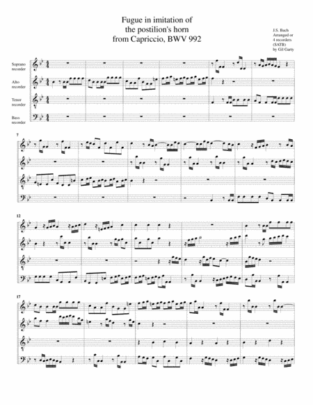 Fugue in imitation of the postilion's horn from Capriccio BWV 992 (arrangement for 4 recorders) (arr. Gil Garty)