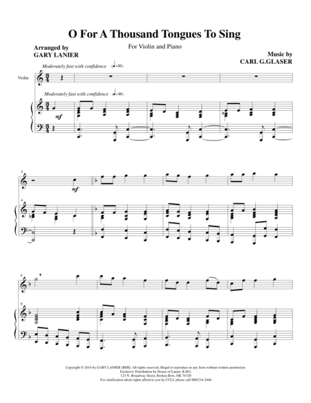 O FOR A THOUSAND TONGUES TO SING (Violin Piano and Vln Part) (arr. Gary Lanier)