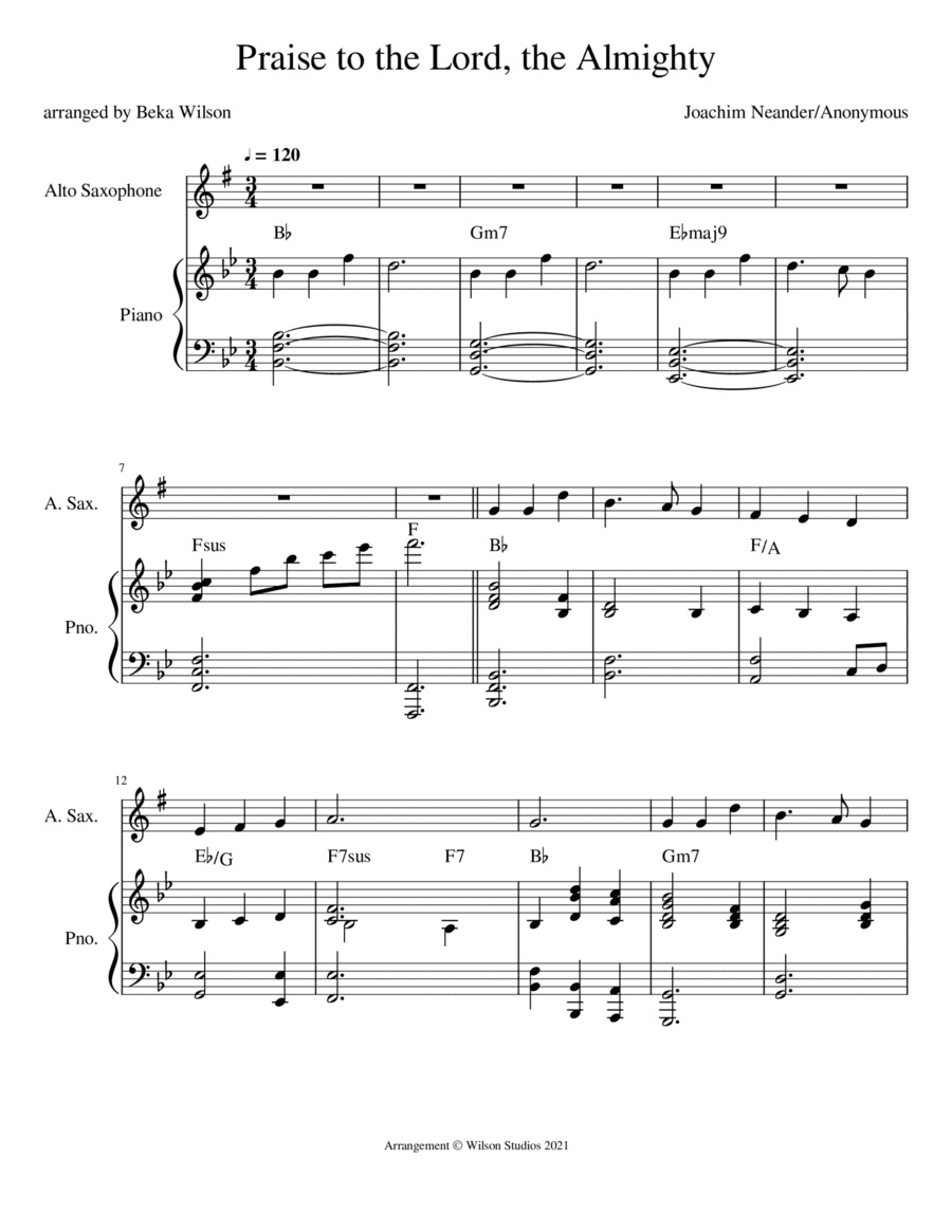 Praise to the Lord, the Almighty--alto sax solo (arr. Beka Wilson)