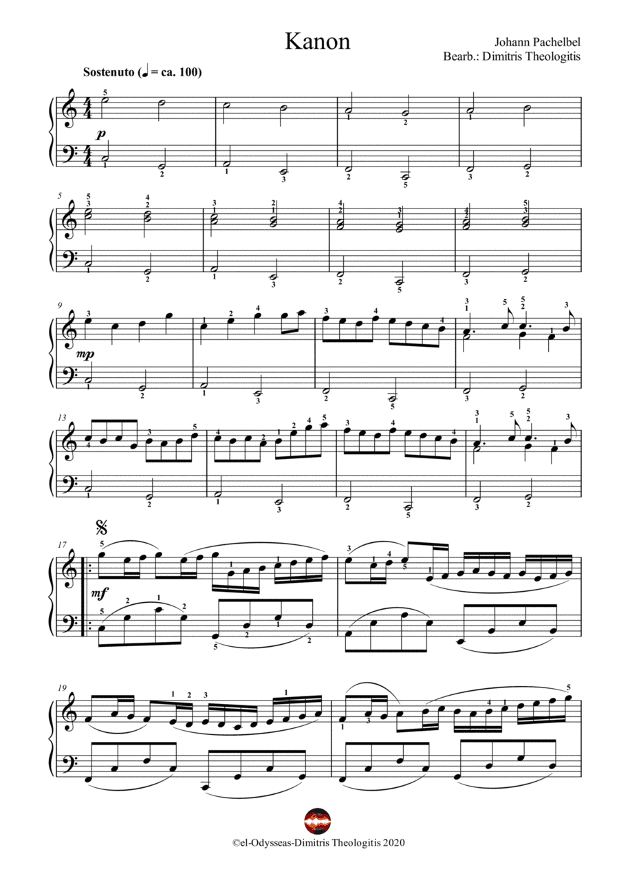 Canon in D major (easy piano) (arr. Dimitris Theologitis (electricOdysseas.com))