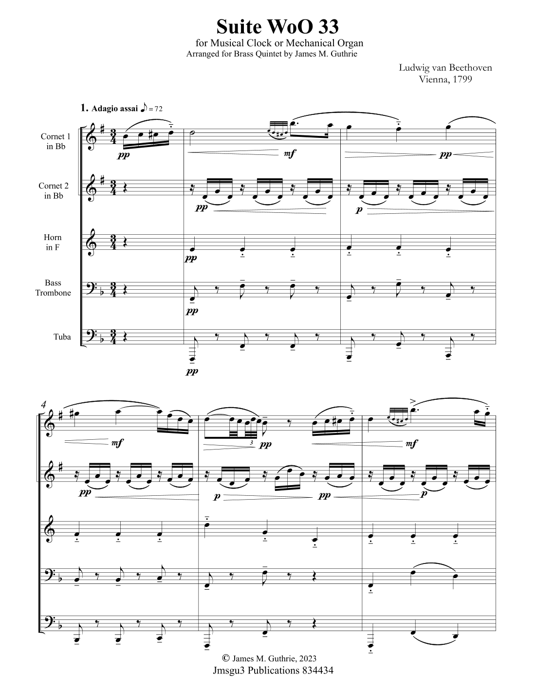 Beethoven: Suite WoO 33 for Brass Quintet - Score Only (arr. James M. Guthrie, ASCAP)