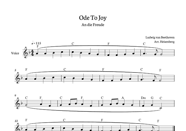 Beethoven - Ode To Joy for voice with chords in F  (Lyrics in English) (arr. Heisenberg)