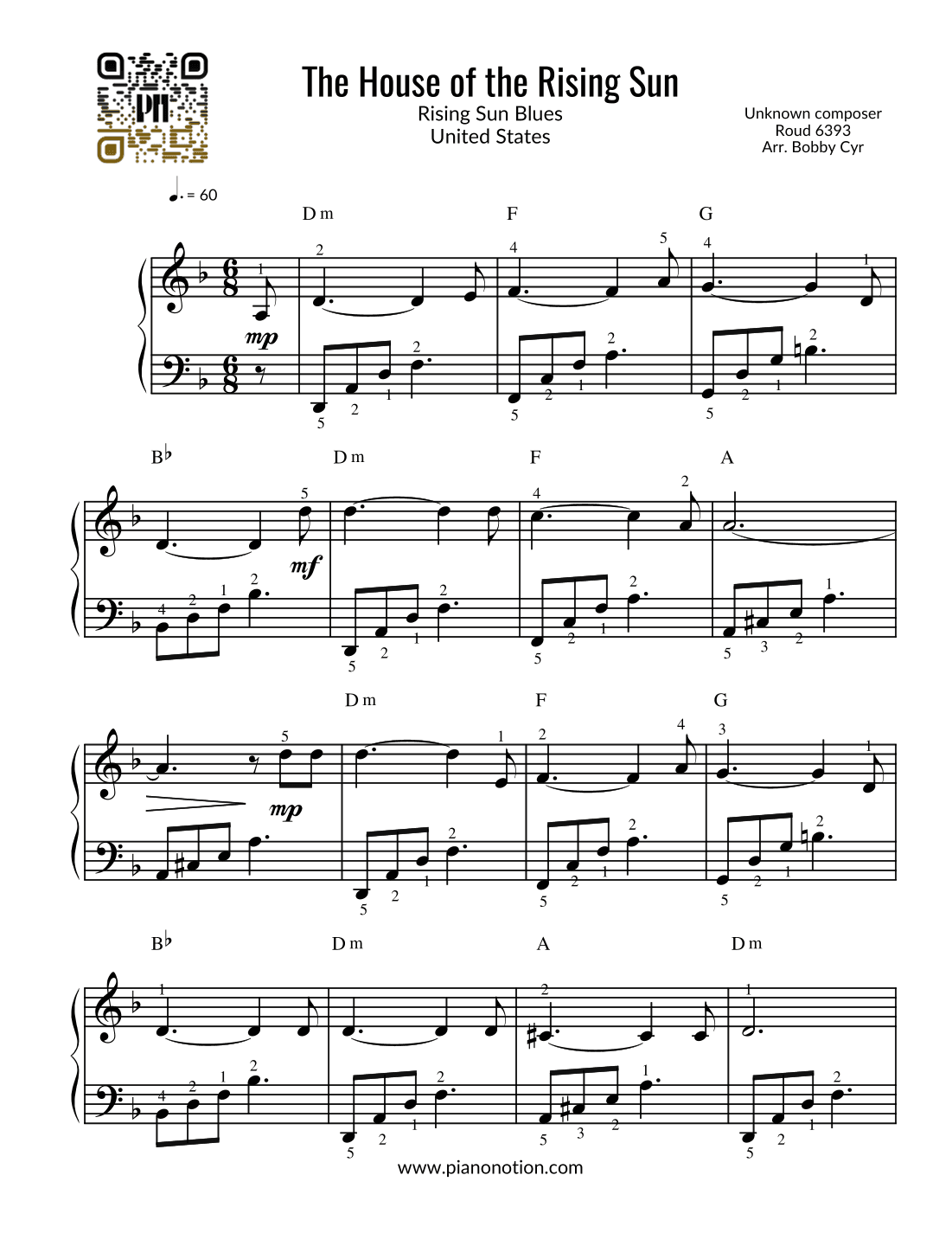 The House of the Rising Sun - Rising Sun Blues (Easy Piano) (arr. Bobby Cyr - Piano Notion)