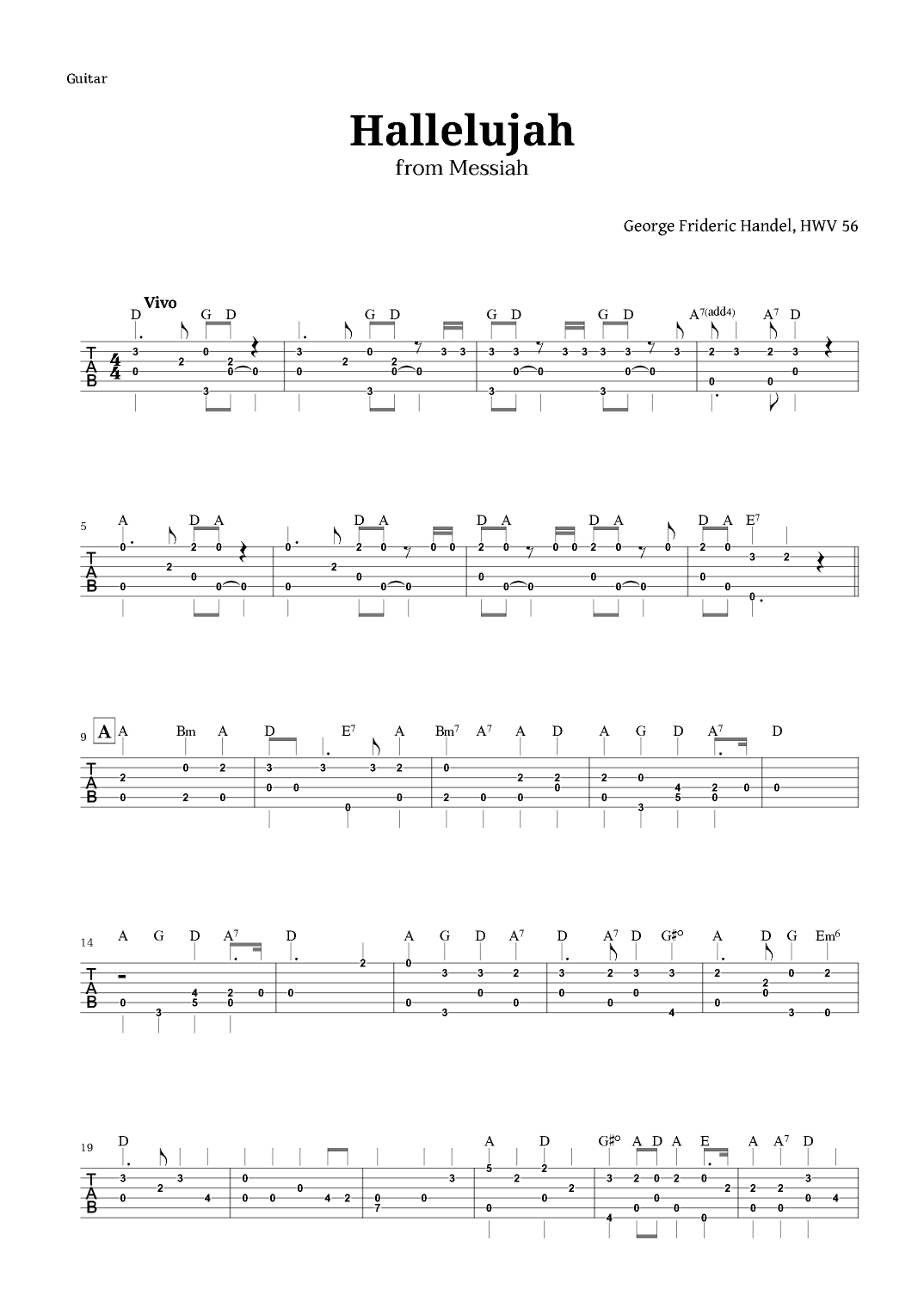 Hallelujah by Handel for Guitar Tab with Chords (arr. Langanho)