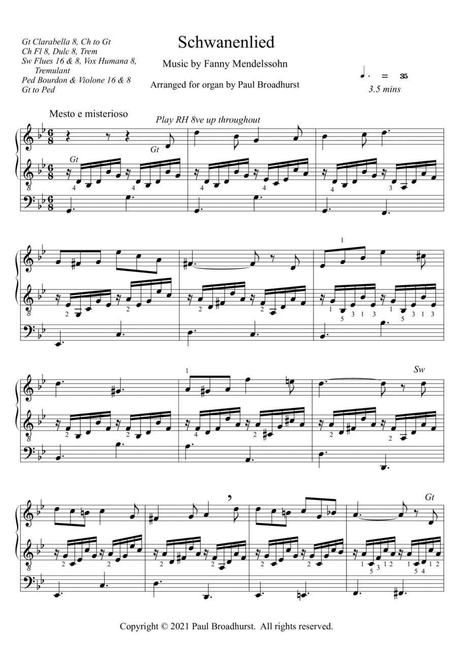 Schwanenlied (Swan Song) Opus 1, No. 1 by Fanny Mendelssohn (Fanny Hershel), pipe organ arrangement (arr. Paul Broadhurst)