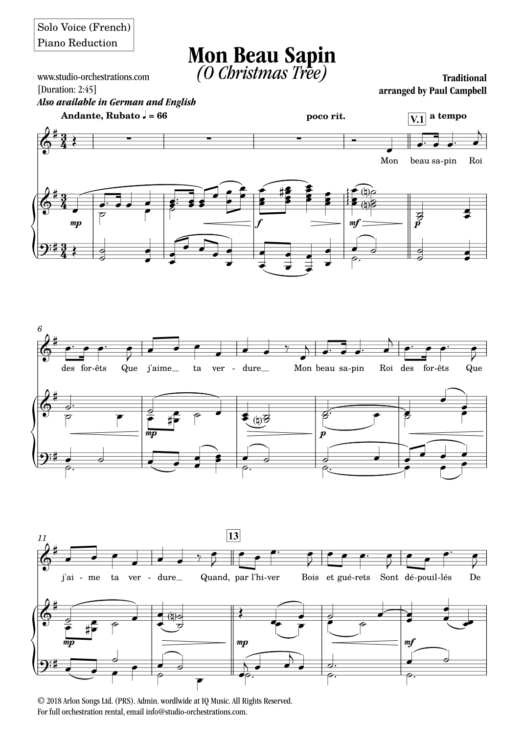 Mon Beau Sapin (O Christmas Tree) (arr. Paul Campbell / Studio Orchestrations)