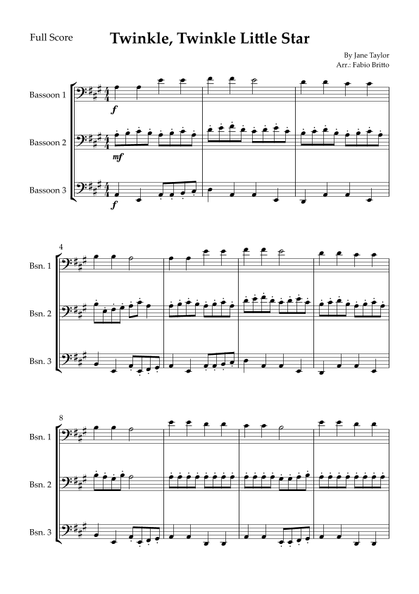 Twinkle, Twinkle Little Star for Bassoon Trio (arr. Fabio Britto)