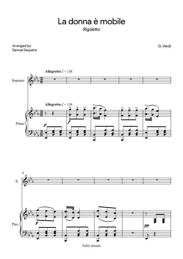 La donna è mobile - for soprano- in Eb (arr. Samuel Sequeira)