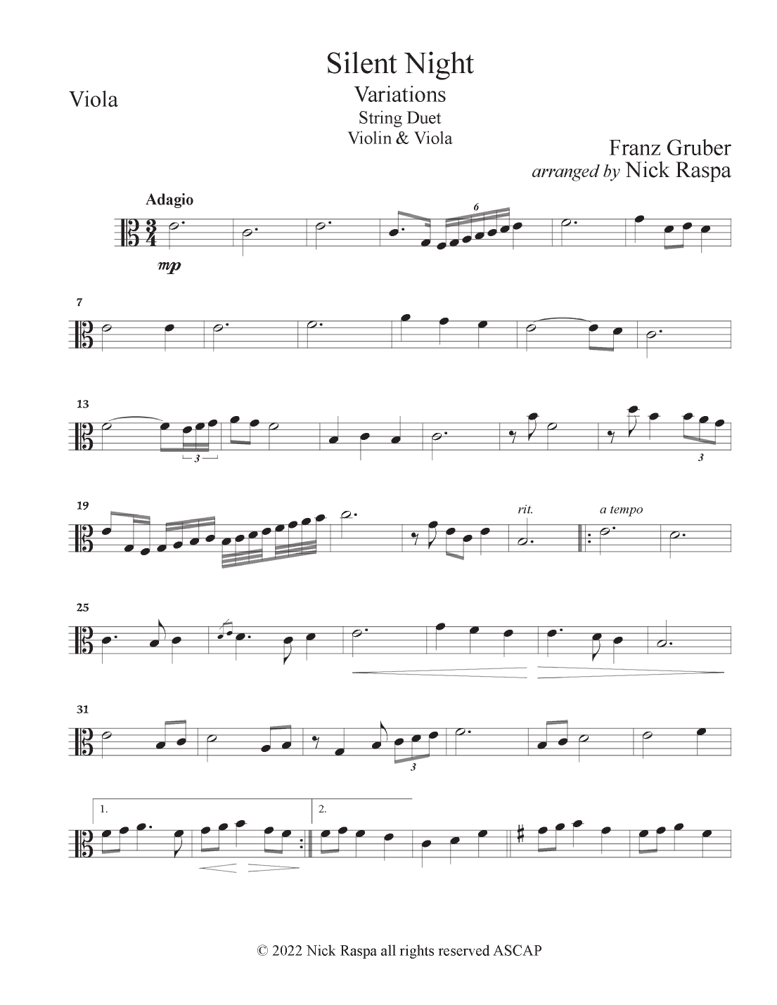 Silent Night - Variations (Violin & Viola duet) Viola part (arr. Nick Raspa)
