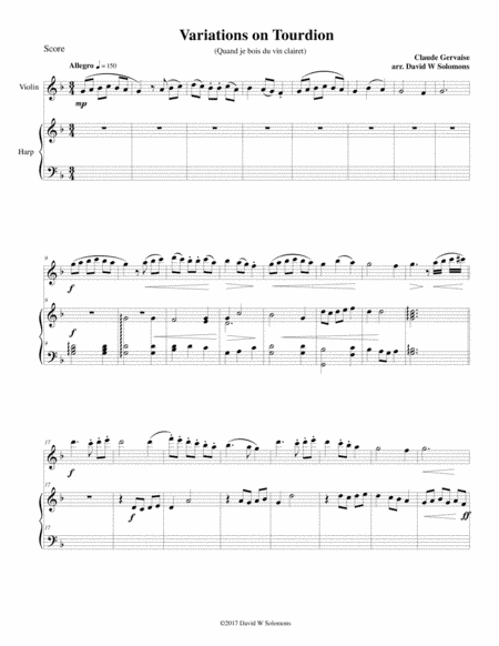 Tourdion (Quand je bois du vin clairet) for violin and harp (arr. David Warin Solomons)