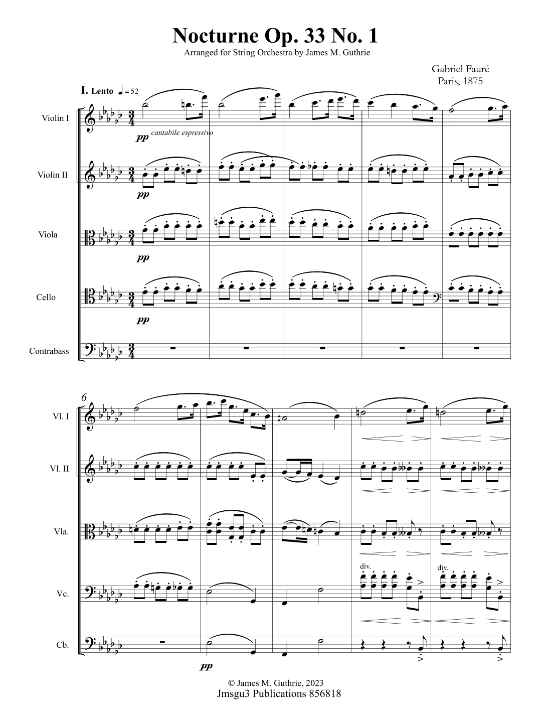 Fauré: Nocturne Op. 33 No. 1 for String Orchestra - Score Only (arr. James M. Guthrie, ASCAP)